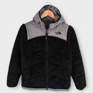 The North Face Girls Large Reversible Jacket Black Gray Hooded Full Zip Warm